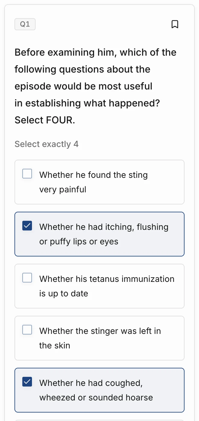 A Select FOUR question mid-answer: two of its choices are picked