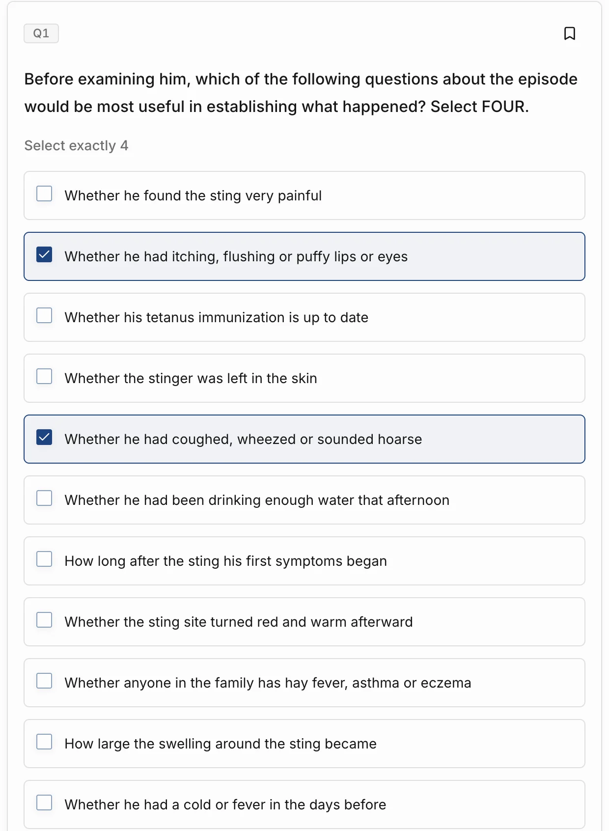 A Select FOUR question mid-answer: two of its choices are picked
