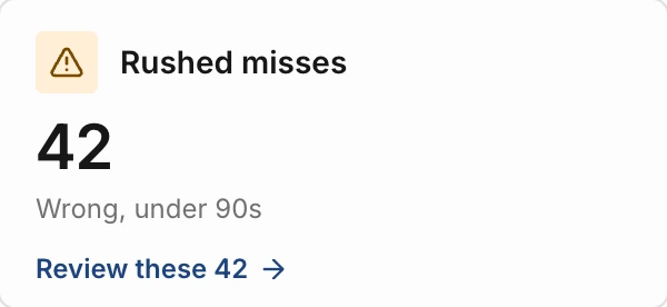 Rushed misses: 42, wrong in under 90 seconds, with a link to review these 42
