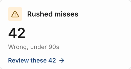 Rushed misses: 42, wrong in under 90 seconds, with a link to review these 42