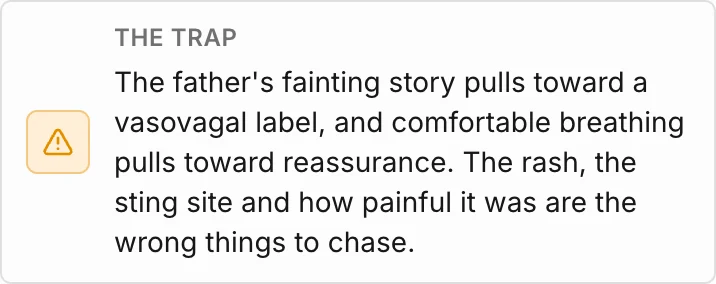 The trap: the father's fainting story pulls toward a vasovagal label