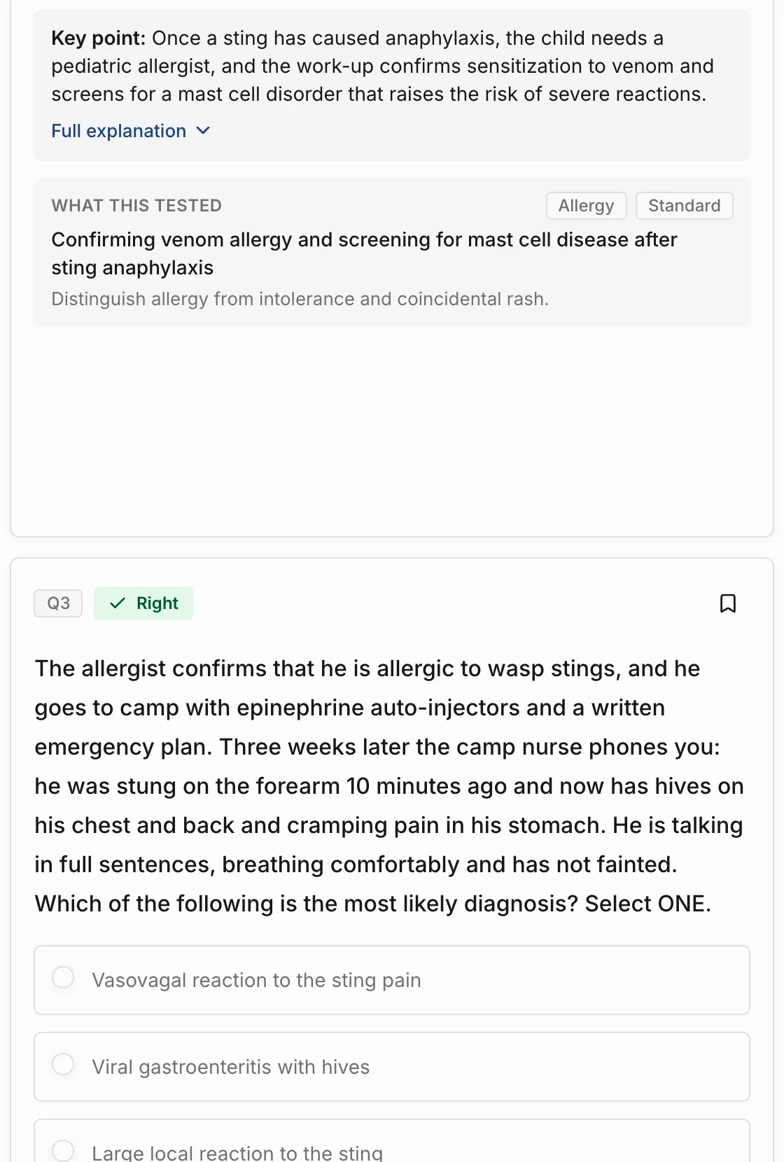 The reveal under an answered question: its key point, what it tested, and the reference card for the Canadian Paediatric Society statement on stinging insect hypersensitivity, lifted forward
